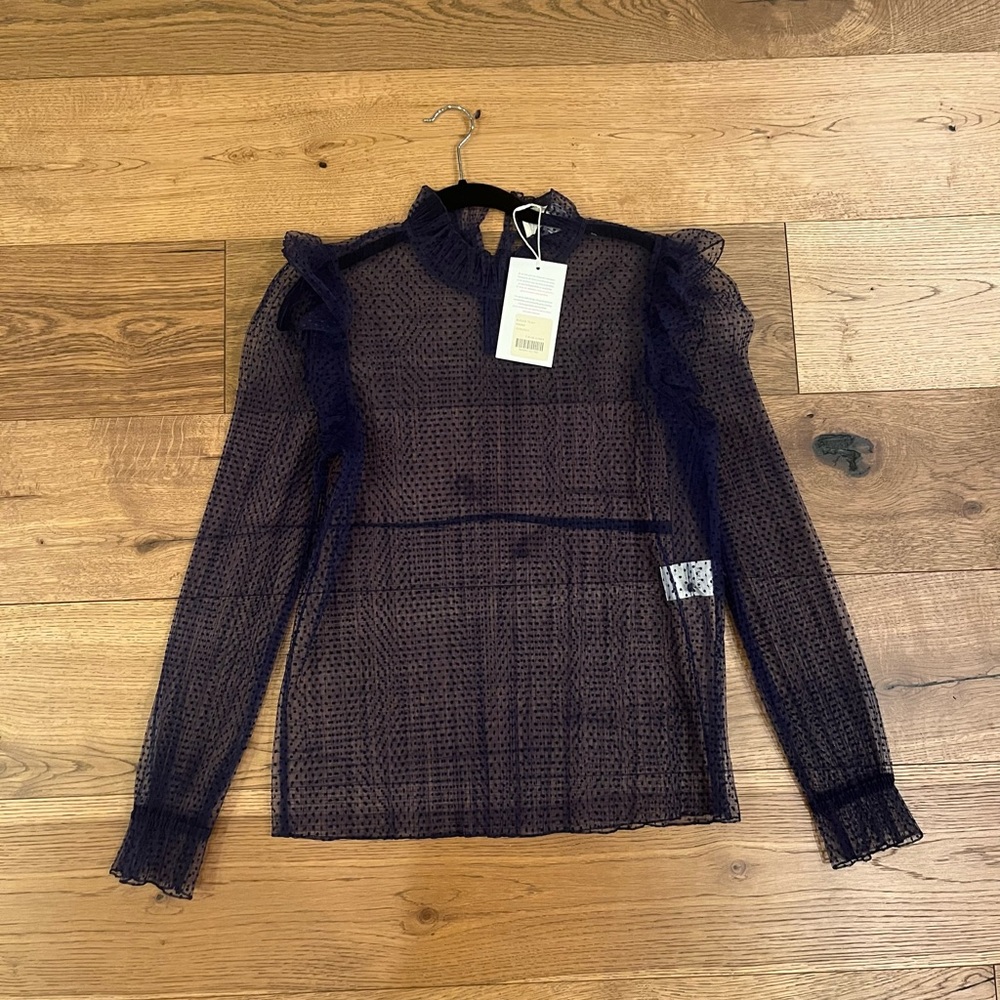 Sézane Navy Sheer Polka Dot Ruffle Blouse - Picture 4 of 8